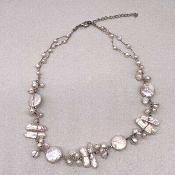 N/A Jewelry - Mother of Pearl Bead Stretch Choker Necklace Silver Tone Shell Sea Beach Oyster